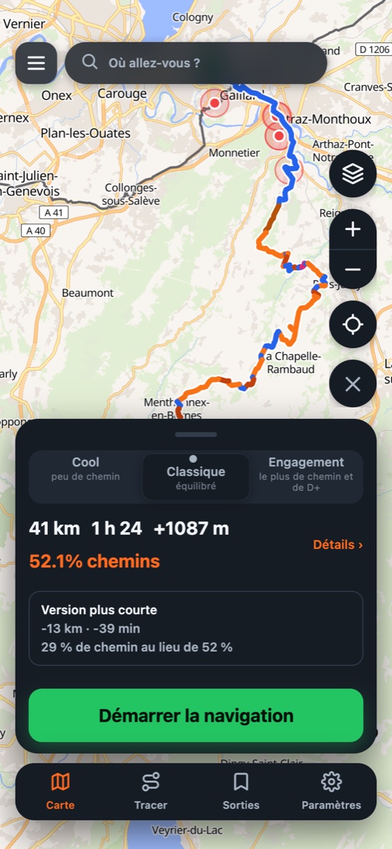 Écran Ornik : itinéraire de 41 km en mode Classique, 1 h 24, +1087 m de dénivelé, 52,1 % de chemins
