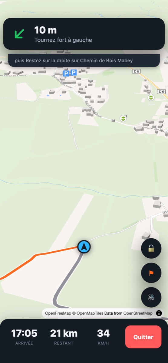Écran de navigation Ornik : instruction « Tournez fort à gauche » dans 10 m, arrivée 17:05, 21 km restants, 34 km/h